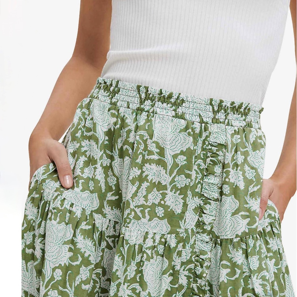 MAJE Jitale Printed Ruffled Maxi Skirt Green Cotton Voile US/FR40